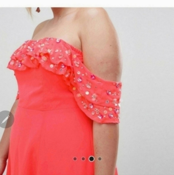 🍁STUNNING!!!!!! RARE HTF NWT ASOS 18 NEON CORAL EMBELLISHED OFF SHOULDer dress - Picture 3 of 8